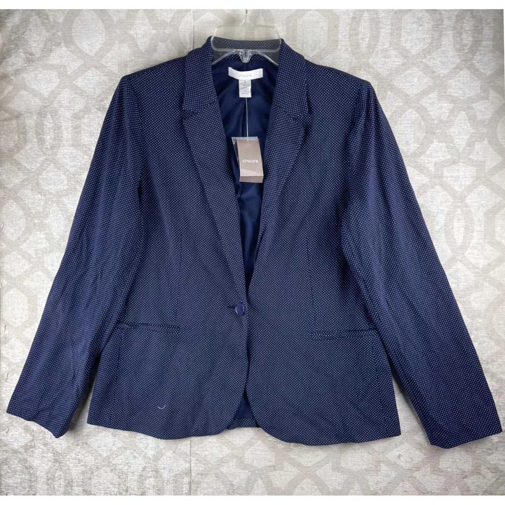 Chico's Polka Dot Blazer Women Medium Navy Blue NWT Single Button Rayon Stretch
